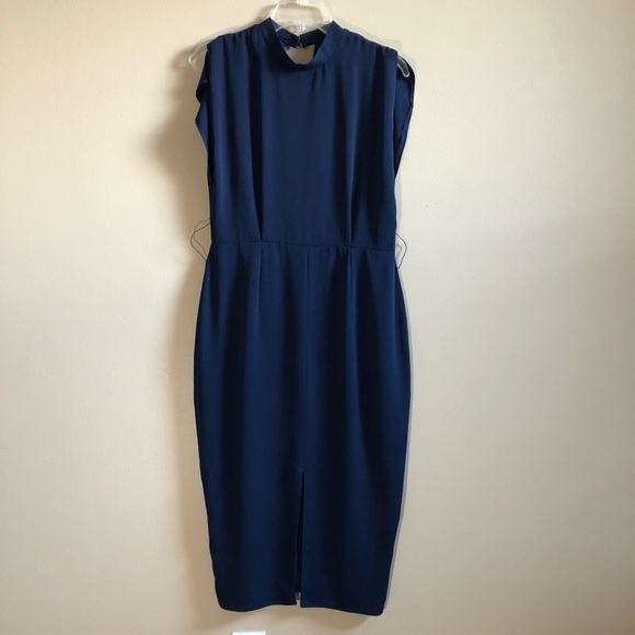 ASOS navy dress obi belt sleeveless high neckline midi length keyhole C - Picture 3 of 13